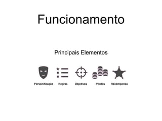 Funcionamento
Principais Elementos
Personificação Regras Objetivos Pontos Recompensa
 