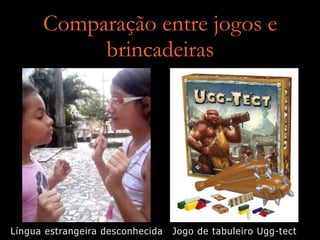 Comparação entre jogos e
brincadeiras
Língua estrangeira desconhecida Jogo de tabuleiro Ugg-tect
 