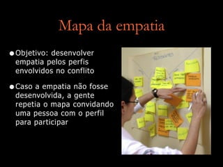 Mapa da empatia
•Objetivo: desenvolver
empatia pelos perfis
envolvidos no conflito
•Caso a empatia não fosse
desenvolvida, a gente
repetia o mapa convidando
uma pessoa com o perfil
para participar
 