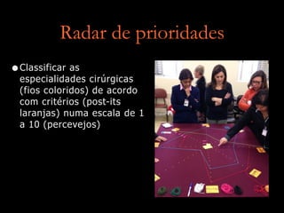 Radar de prioridades
•Classificar as
especialidades cirúrgicas
(fios coloridos) de acordo
com critérios (post-its
laranjas) numa escala de 1
a 10 (percevejos)
 