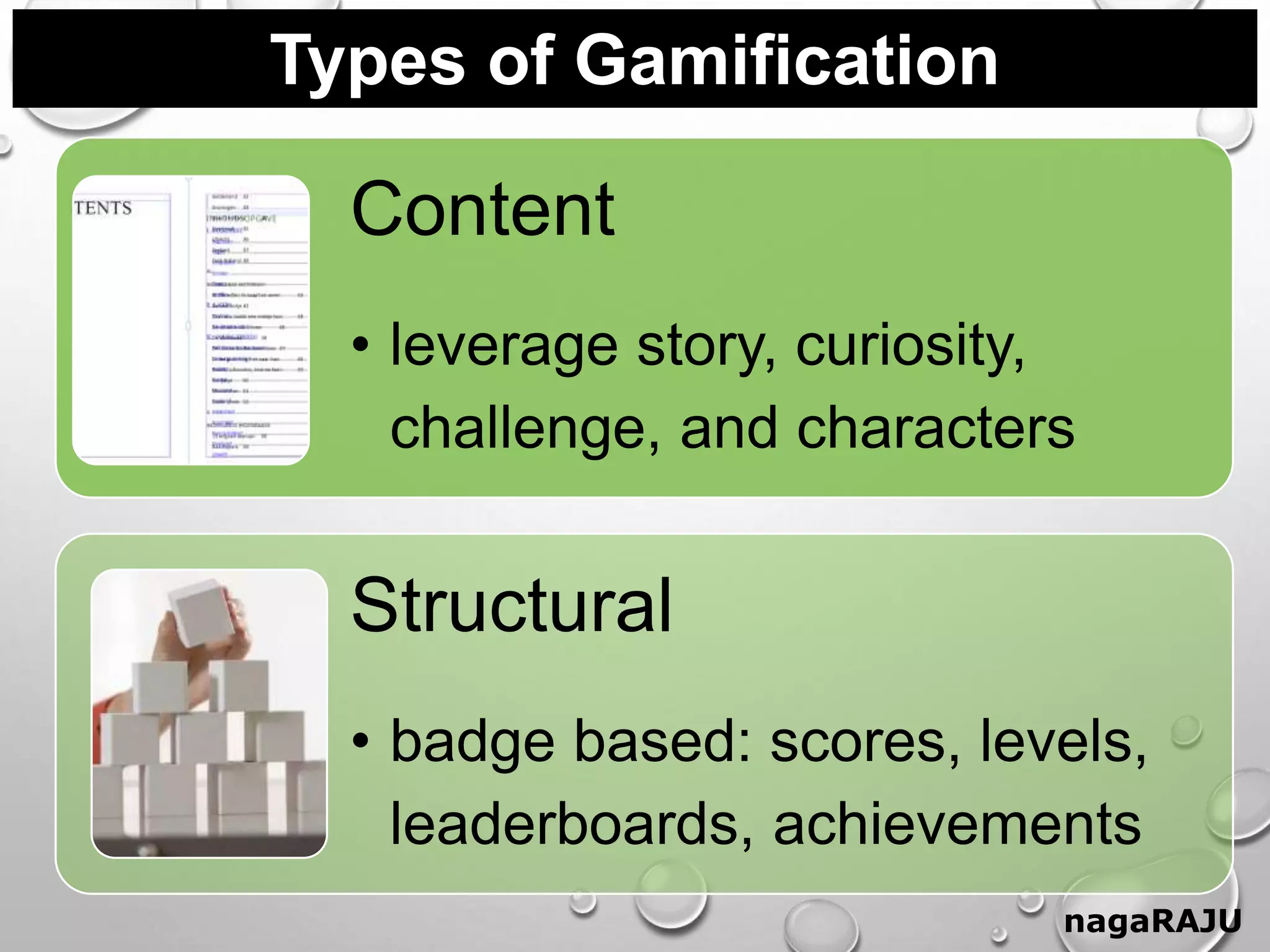 Types of Gamification
nagaRAJU
Content
• leverage story, curiosity,
challenge, and characters
Structural
• badge based: scores, levels,
leaderboards, achievements
 