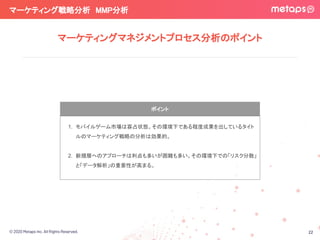 © 2020 Metaps Inc. All Rights Reserved.
マーケティング戦略分析　MMP分析 
22
マーケティングマネジメントプロセス分析のポイント
ポイント
1. モバイルゲーム市場は寡占状態。その環境下である程度成果を出しているタイト
ルのマーケティング戦略の分析は効果的。
2. 新規層へのアプローチは利点も多いが困難も多い。その環境下での「リスク分散」
と「データ解析」の重要性が高まる。
 