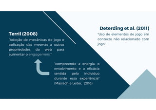Terril (2008)
“Adoção de mecânicas de jogo e
aplicação das mesmas a outras
propriedades da web para
aumentar o engagement”
Deterding et al. (2011)
“Uso de elementos de jogo em
contexto não relacionado com
jogo”
“compreende a energia, o
envolvimento e a eficácia
sentida pelo indivíduo
durante essa experiência”
(Maslach e Leiter, 2016)
 