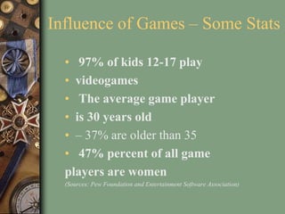Influence of Games – Some Stats
• 97% of kids 12-17 play
• videogames
• The average game player
• is 30 years old
• – 37% are older than 35
• 47% percent of all game
players are women
(Sources: Pew Foundation and Entertainment Software Association)
 
