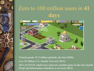 Zero to 100 million users in 41
days
• Virtual goods: $7.3 billion globally (In-Stat 2010),
• over $2 billion U.S. (Inside Network 2011)
• 44% of US/UK adults have played a mobile game in the last month
(PopCap/Information Solutions as of early 2012)
 