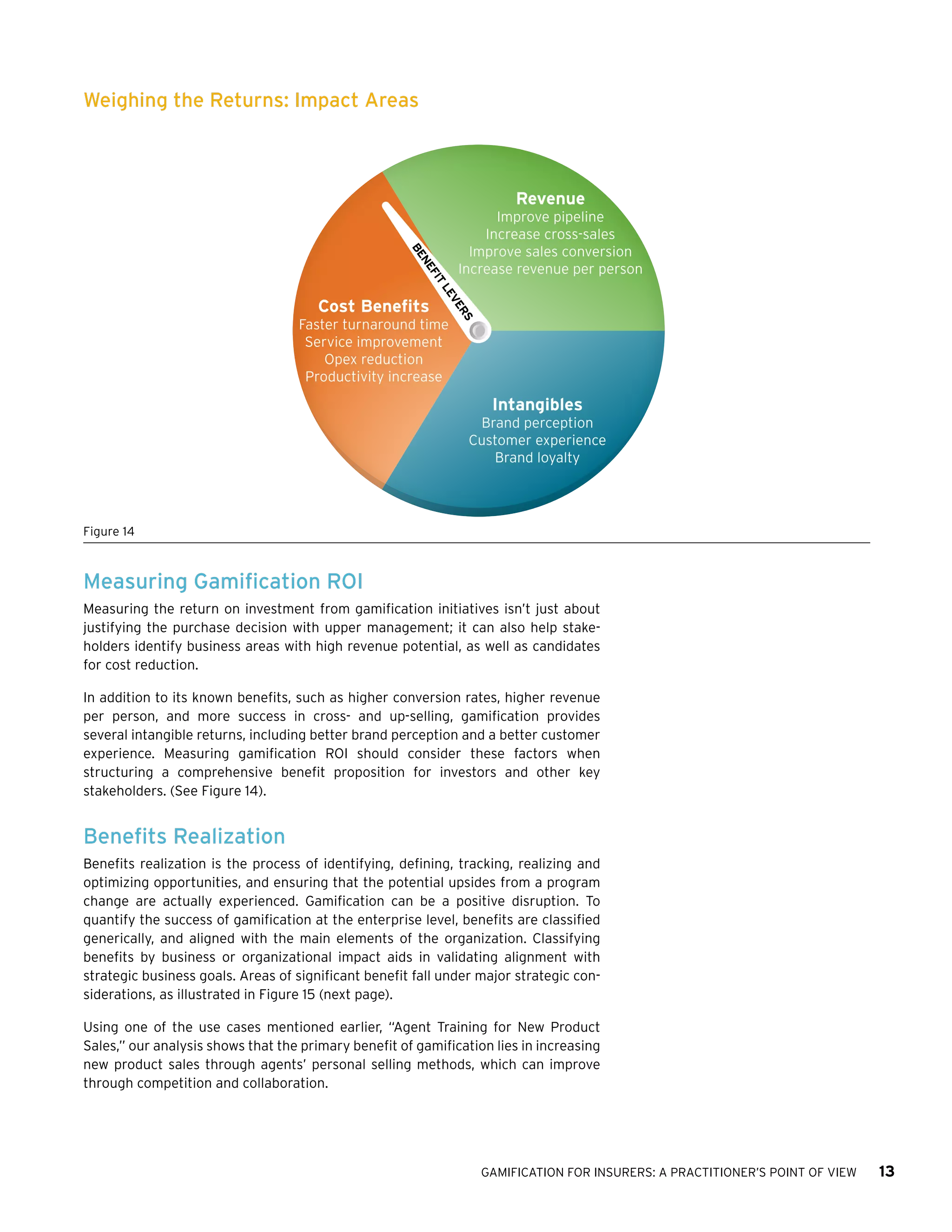 GAMIFICATION FOR INSURERS: A PRACTITIONER’S POINT OF VIEW 13
Measuring Gamification ROI
Measuring the return on investment from gamification initiatives isn’t just about
justifying the purchase decision with upper management; it can also help stake-
holders identify business areas with high revenue potential, as well as candidates
for cost reduction.
In addition to its known benefits, such as higher conversion rates, higher revenue
per person, and more success in cross- and up-selling, gamification provides
several intangible returns, including better brand perception and a better customer
experience. Measuring gamification ROI should consider these factors when
structuring a comprehensive benefit proposition for investors and other key
stakeholders. (See Figure 14).
Benefits Realization
Benefits realization is the process of identifying, defining, tracking, realizing and
optimizing opportunities, and ensuring that the potential upsides from a program
change are actually experienced. Gamification can be a positive disruption. To
quantify the success of gamification at the enterprise level, benefits are classified
generically, and aligned with the main elements of the organization. Classifying
benefits by business or organizational impact aids in validating alignment with
strategic business goals. Areas of significant benefit fall under major strategic con-
siderations, as illustrated in Figure 15 (next page).
Using one of the use cases mentioned earlier, “Agent Training for New Product
Sales,” our analysis shows that the primary benefit of gamification lies in increasing
new product sales through agents’ personal selling methods, which can improve
through competition and collaboration.
Weighing the Returns: Impact Areas
Cost Benefits
Faster turnaround time
Service improvement
Opex reduction
Productivity increase
Revenue
Improve pipeline
Increase cross-sales
Improve sales conversion
Increase revenue per person
Intangibles
Brand perception
Customer experience
Brand loyalty
BENEFITLEVERS
Figure 14
 