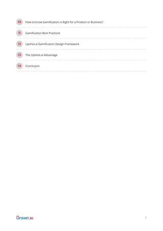 11 Gamiﬁcation Best Practices
12 Upshot.ai Gamiﬁcation Design Framework
13 The Upshot.ai Advantage
14 Conclusion
10 How to know Gamiﬁcation is Right for a Product or Business?
3
 