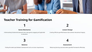 Teacher Training for Gamification
1
Game Mechanics
Understanding fundamental elements that make games engaging and applicable
to education.
2
Lesson Design
Creating effective gamified lessons that maintain educational integrity.
3
Balance
Finding the sweet spot between entertainment and curriculum requirements.
4
Assessment
Measuring learning outcomes within gamified frameworks effectively.
 