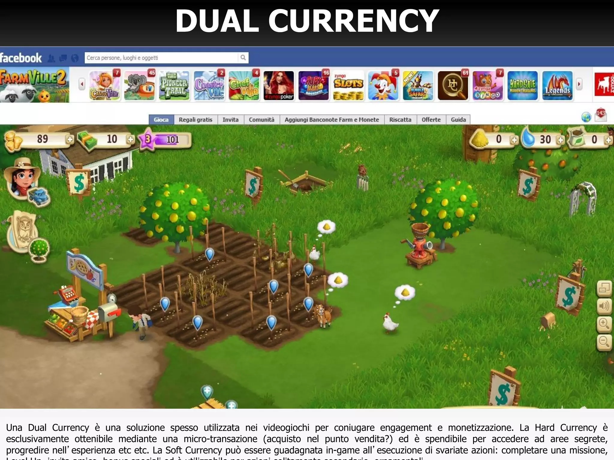 DUAL CURRENCY
Una Dual Currency è una soluzione spesso utilizzata nei videogiochi per coniugare engagement e monetizzazione. La Hard Currency è
esclusivamente ottenibile mediante una micro-transazione (acquisto nel punto vendita?) ed è spendibile per accedere ad aree segrete,
progredire nell’esperienza etc etc. La Soft Currency può essere guadagnata in-game all’esecuzione di svariate azioni: completare una missione,
 