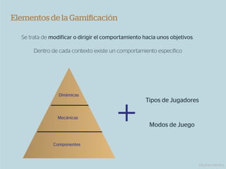 Elementos de la Gamiﬁcación

  Se trata de modificar o dirigir el comportamiento hacia unos objetivos.

       Dentro de cada contexto existe un comportamiento específico




                 Dinámicas
                                                     Tipos de Jugadores

                Mecánicas
                                                      Modos de Juego


               Componentes



                                                                            Eduardo Herranz
 
