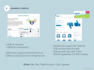 2   USUARIOS / CLIENTES




+ 66% de usuarios
                                              -  Satisfacción usuario 8,2 sobre 10
+ 447% de comentarios
                                              -  30% accede todos los días
                                              -  60% accede 1 de cada 3 días
34% de los usuarios incrementaron un
                                              -  75.000 jugadores, con 15% invitado
224% sus productos en la shopping cart


                 Otros: Nike Plus, Salesforce.com, Club Ligeresa
                                                                             Eduardo Herranz
 