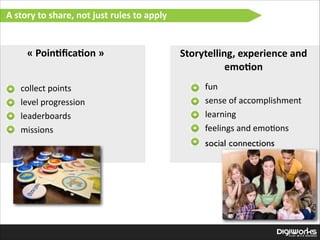 A  story  to  share,  not  just  rules  to  apply

«  Poin:ﬁca:on  »
collect  points  
level  progression  
leaderboards  
missions

Storytelling,  experience  and  
emo:on
fun  
sense  of  accomplishment  
learning  
feelings  and  emo'ons  
social connections

 