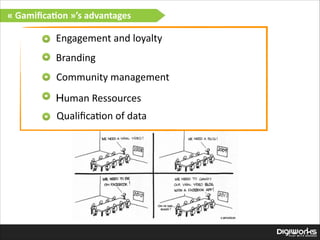 «  Gamiﬁca:on  »’s  advantages

Engagement  and  loyalty
Branding
Community  management
Human  Ressources
Qualiﬁca'on  of  data

 