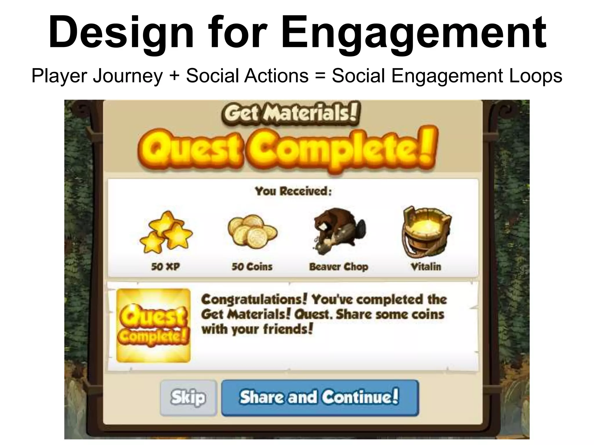 Design for Engagement
Player Journey + Social Actions = Social Engagement Loops
 