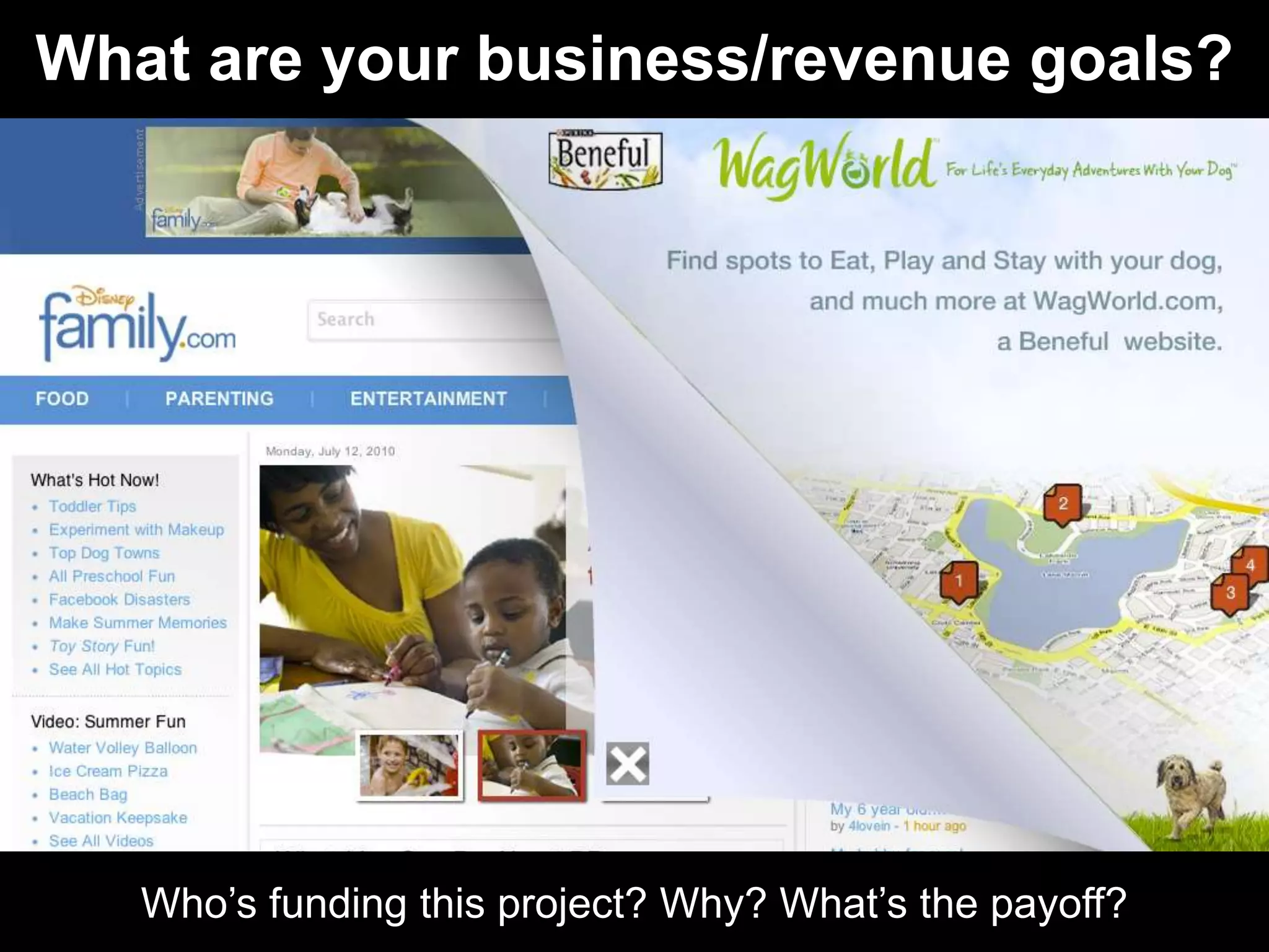 What are your business/revenue goals?




   Who’s funding this project? Why? What’s the payoff?
 