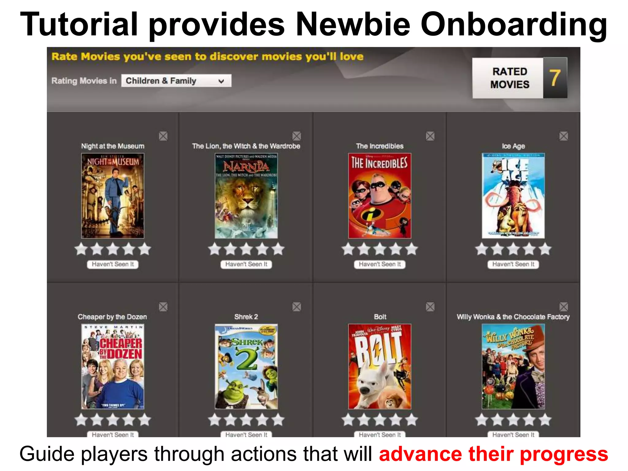 Tutorial provides Newbie Onboarding




Guide players through actions that will advance their progress
 