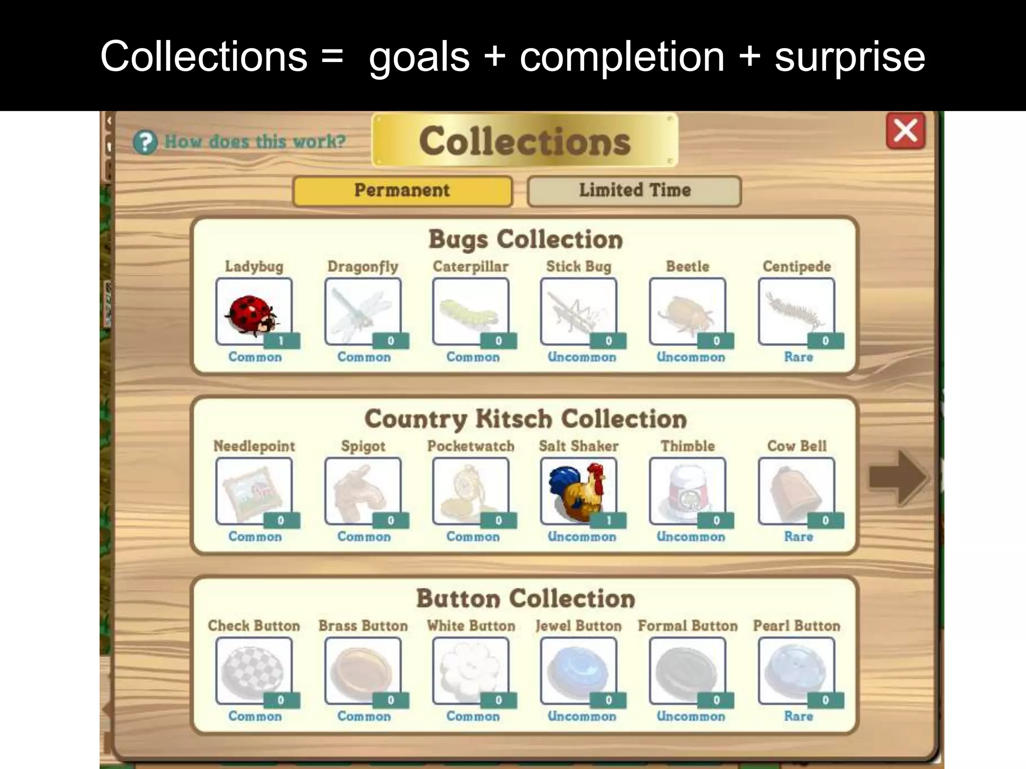 Collections = goals + completion + surprise
 