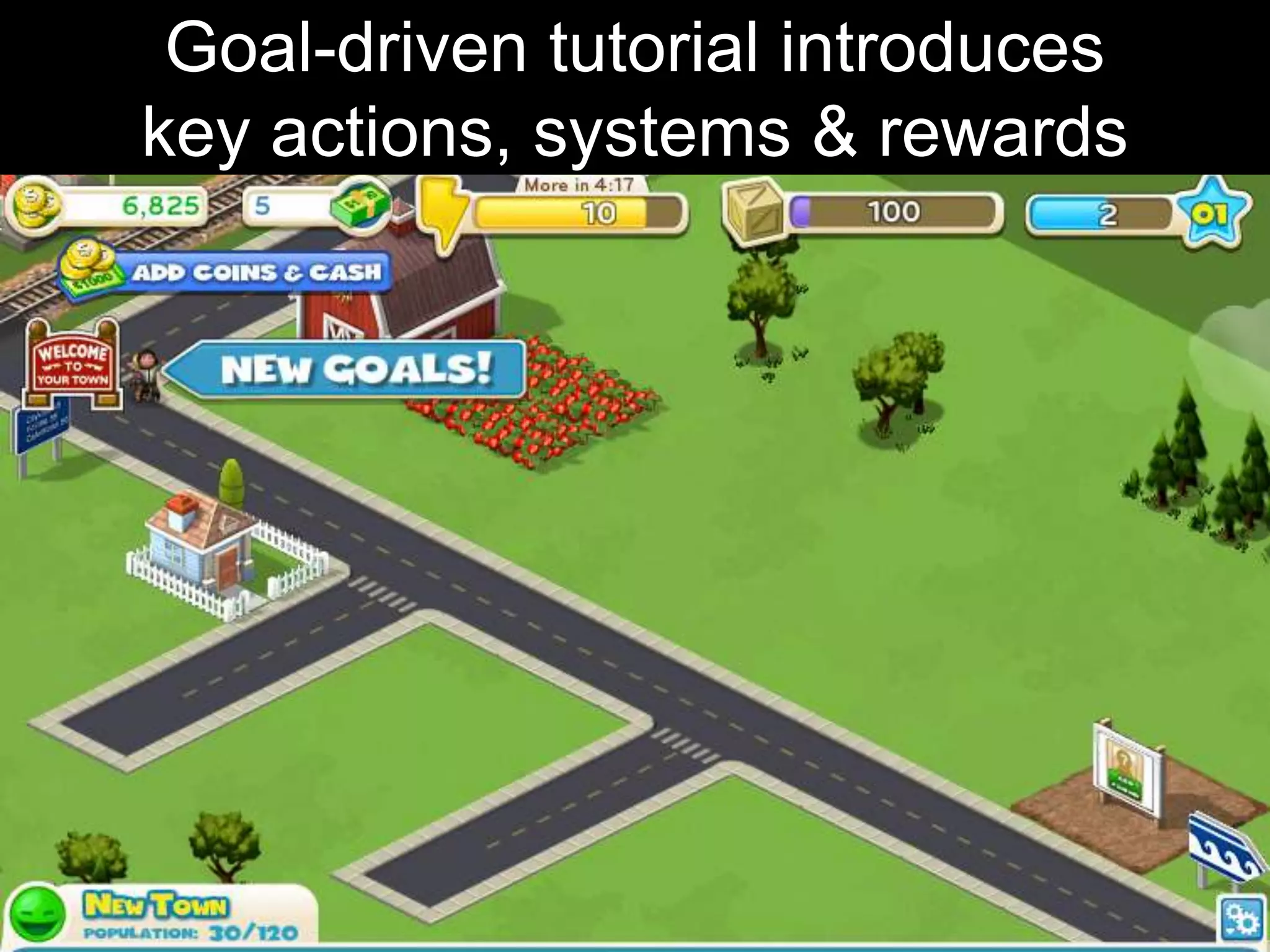 Goal-driven tutorial introduces
key actions, systems & rewards
 