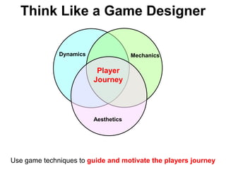 Think Like a Game Designer

              Dynamics                Mechanics

                          Player
                         Journey




                         Aesthetics




Use game techniques to guide and motivate the players journey
 