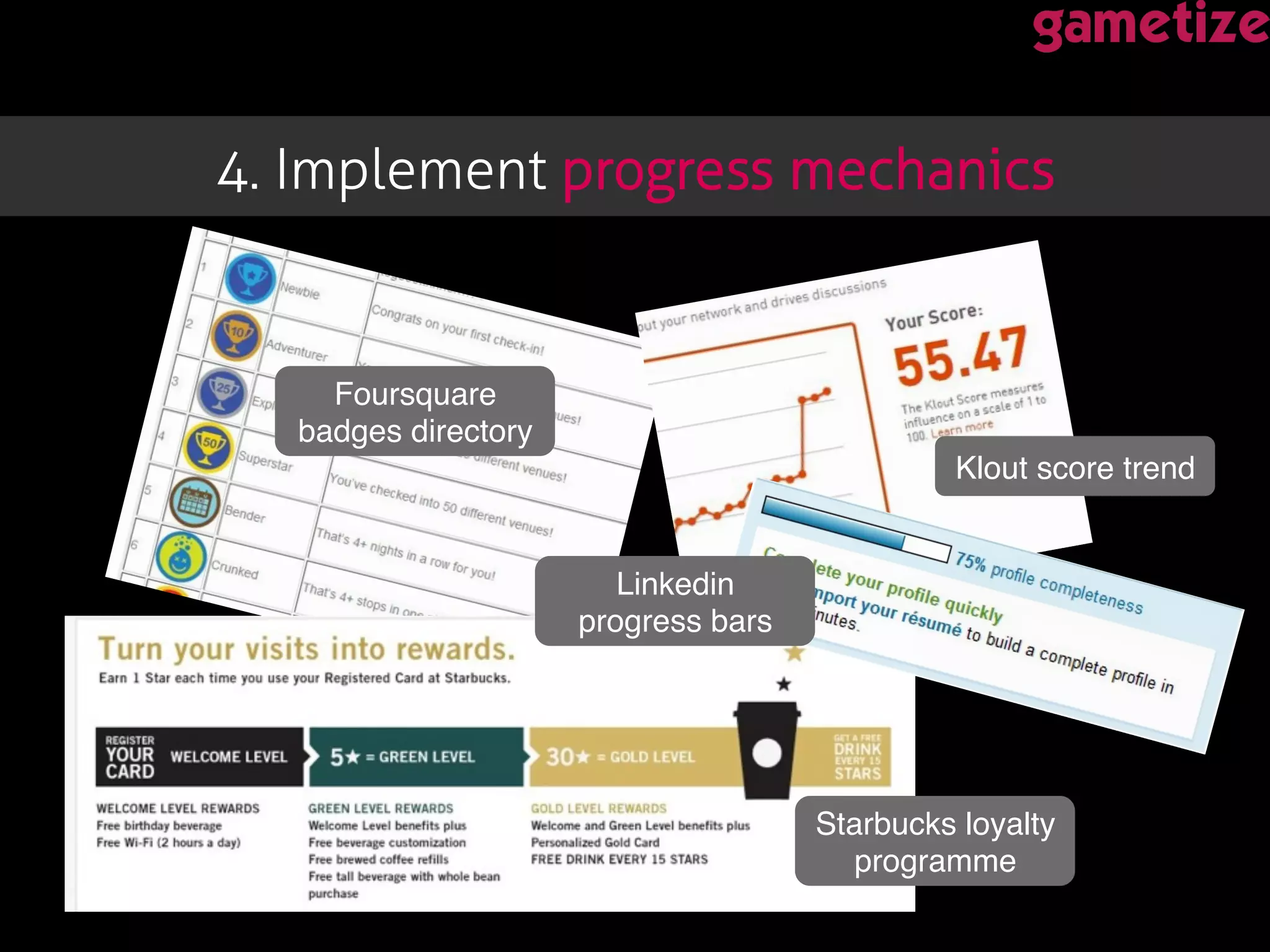 4. Implement progress mechanics !
Foursquare
badges directory!
Klout score trend!
Linkedin
progress bars!
Starbucks loyalty
programme!
 