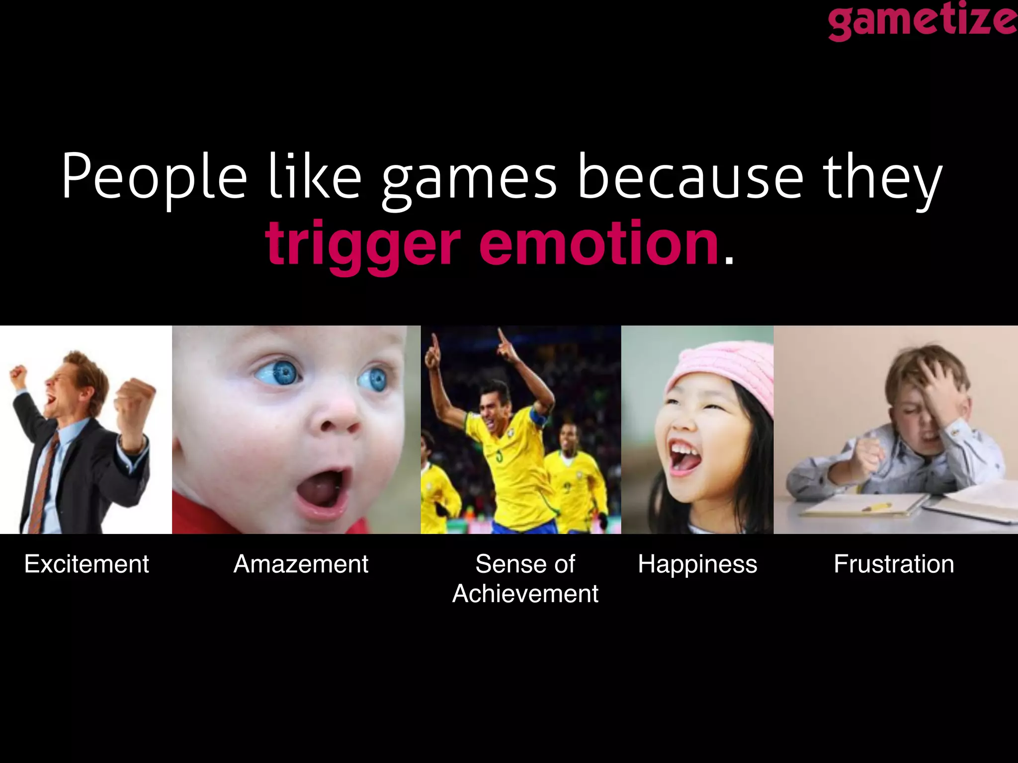 People like games because they
trigger emotion.!
Frustration!Excitement! Sense of
Achievement!
Amazement! Happiness!
 