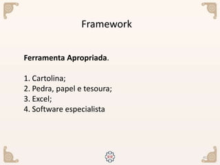 41
Framework
Ferramenta Apropriada.
1. Cartolina;
2. Pedra, papel e tesoura;
3. Excel;
4. Software especialista
 