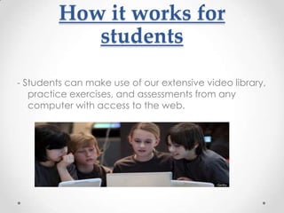 How it works for
            students

- Students can make use of our extensive video library,
   practice exercises, and assessments from any
   computer with access to the web.
 