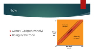 Flow
u Mihaly Csikszentmihalyi
u Being in the zone
 