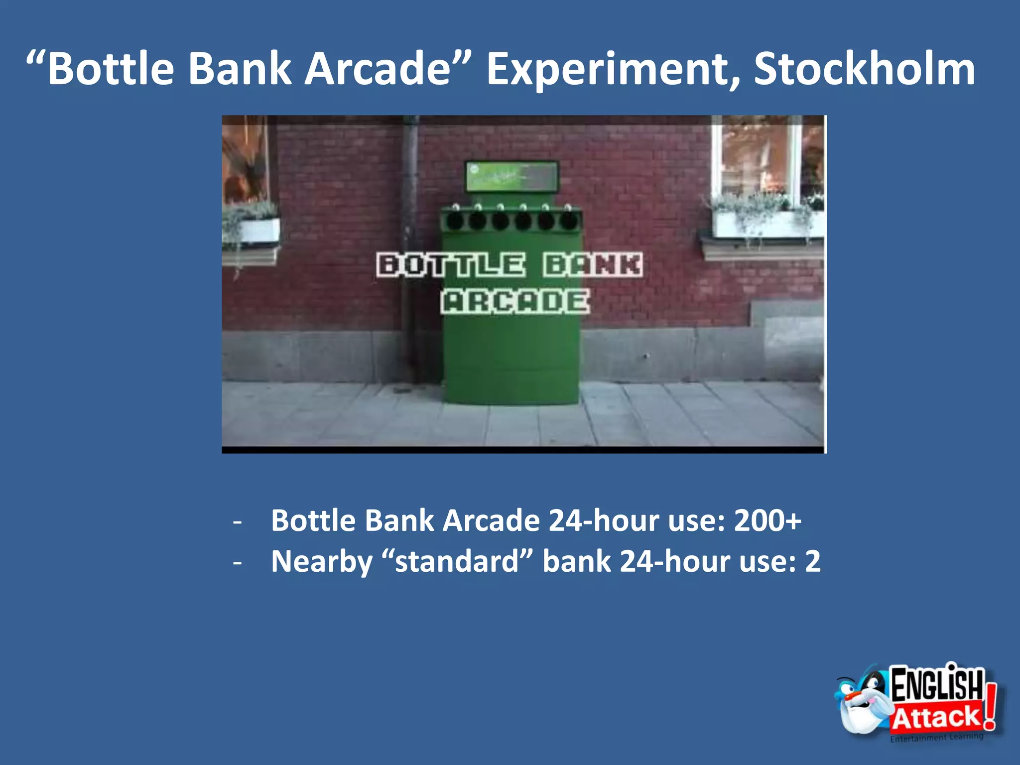 - Bottle Bank Arcade 24-hour use: 200+
- Nearby “standard” bank 24-hour use: 2
“Bottle Bank Arcade” Experiment, Stockholm
 