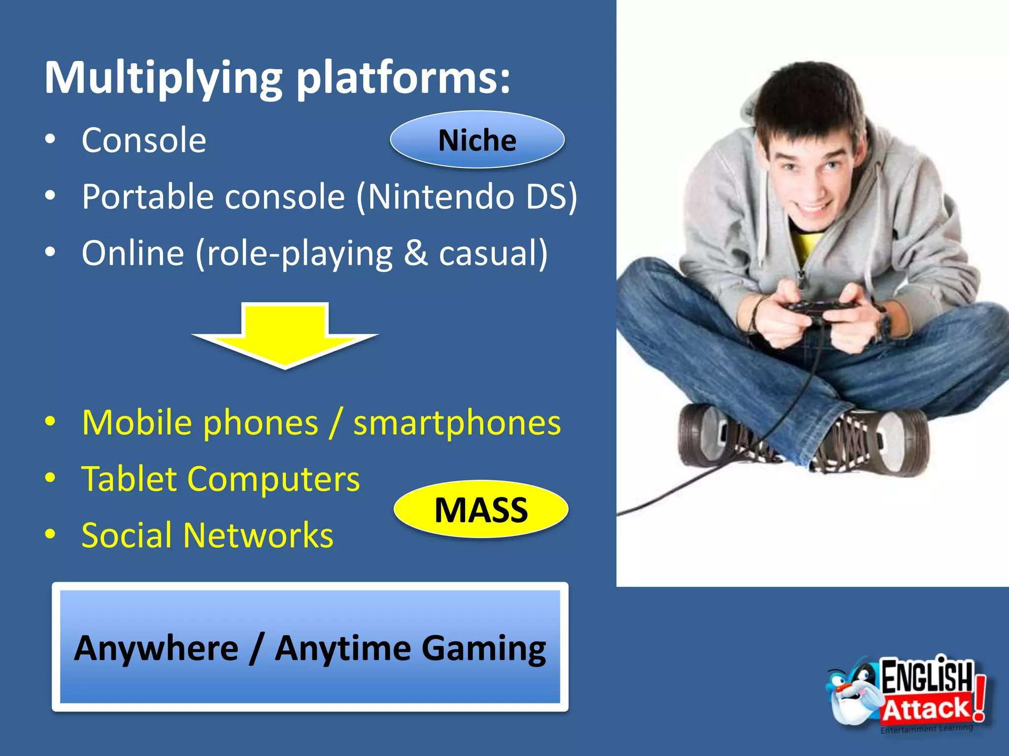 Multiplying platforms:
• Console
• Portable console (Nintendo DS)
• Online (role-playing & casual)
• Mobile phones / smartphones
• Tablet Computers
• Social Networks
Anywhere / Anytime Gaming
Niche
MASS
 