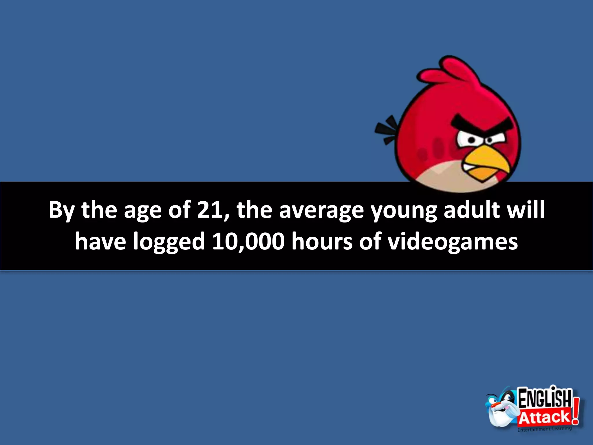 By the age of 21, the average young adult will
have logged 10,000 hours of videogames
 