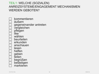TEIL1: WELCHE (SOZIALEN)
ANREIZSYSTEME/ENGAGEMENT MECHANISMEN
WERDEN GEBOTEN?

       kommentieren
       äußern
       gegeneinander antreten
       vergleichen
       pflegen
       like
       wählen
       beurteilen
       erkunden
       anschauen
       lesen
       helfen
       geben
       teilen
       begrüßen
       belästigen
       markieren
SYZYGY.DE                       54     05/03/12
 