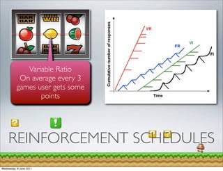 Variable Ratio
         ContinuousIntervalRatio
             Variable Fixed
              Fixed Ratio
               Fixed Interval
          On average every 3
         User gets points every
          User gets trophy after
         games user gets some
           time they games
            winning 50 games
             time they login
              10-15 check-in
                  points




    REINFORCEMENT SCHEDULES
Wednesday, 8 June 2011
 