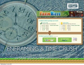 Heidegger




            ENFRAMING & TIME CRUSH
         Enframing in that they take a concept and formalise it with a
                particular apparatus and excerpt time crush.
Wednesday, 8 June 2011
 