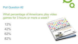 Poll Question #2
What percentage of Americans play video
games for 3 hours or more a week?
12%
42%
62%
82%
 