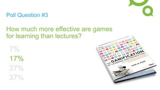 Poll Question #3
How much more effective are games
for learning than lectures?
7%
17%
27%
37%
 