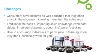 Challenges
•  Consumers have become so well educated that they often
arrive in the showroom knowing more than the sales reps
•  Traditional methods of imparting sales knowledge (webinars,
videos, in-person classroom, eLearning) weren’t sticking
•  How to encourage individuals to participate in learning when
they don’t technically work for you?
 