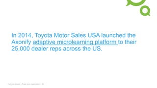 In 2014, Toyota Motor Sales USA launched the
Axonify adaptive microlearning platform to their
25,000 dealer reps across the US.
Fuel your people + Power your organization | 26
 