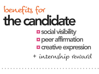 thecandidate
◘socialvisibility
◘peeraffirmation
◘creativeexpression
beneﬁt$ for
+ intern*hi+ #ewa#d
 