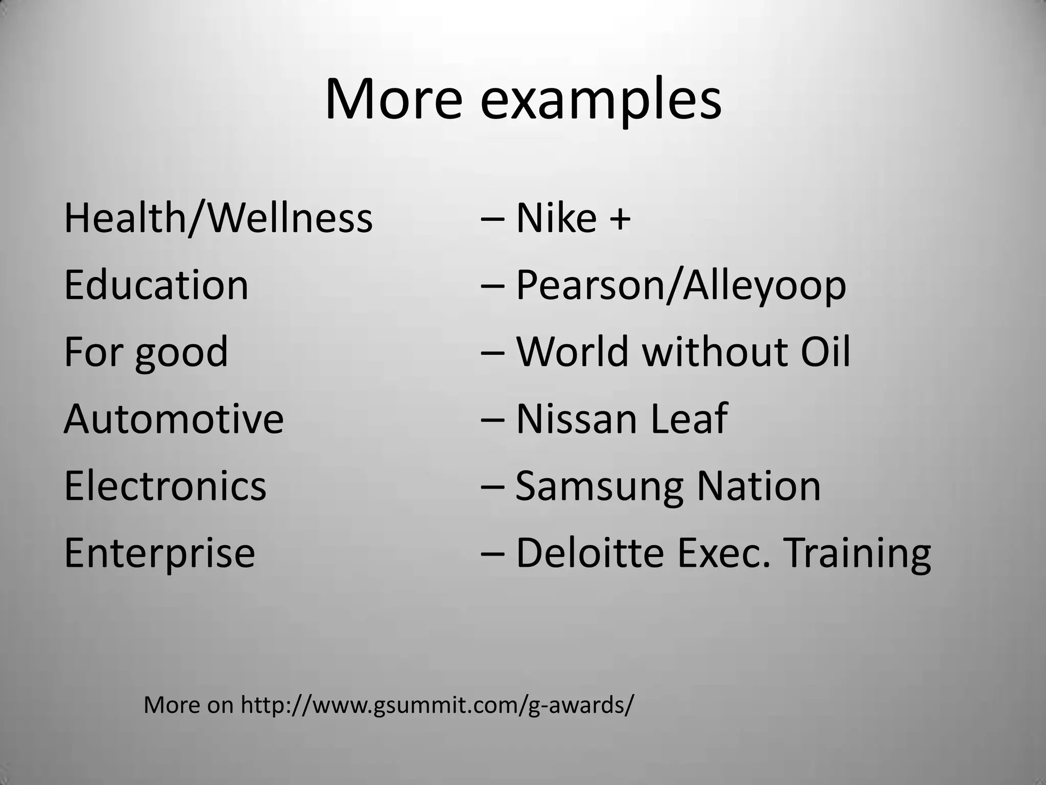 More examples
Health/Wellness               – Nike +
Education                     – Pearson/Alleyoop
For good                      – World without Oil
Automotive                    – Nissan Leaf
Electronics                   – Samsung Nation
Enterprise                    – Deloitte Exec. Training


   More on http://www.gsummit.com/g-awards/
 