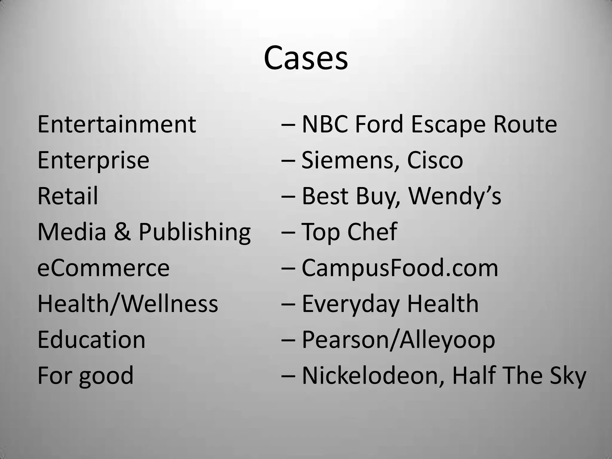 Cases
Entertainment         – NBC Ford Escape Route
Enterprise            – Siemens, Cisco
Retail                – Best Buy, Wendy’s
Media & Publishing    – Top Chef
eCommerce             – CampusFood.com
Health/Wellness       – Everyday Health
Education             – Pearson/Alleyoop
For good              – Nickelodeon, Half The Sky
 