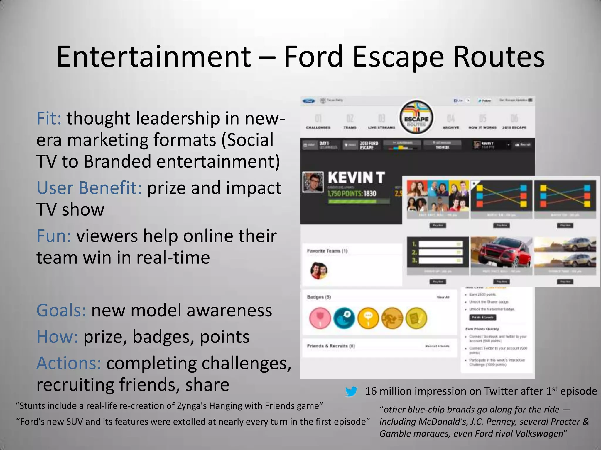 Entertainment – Ford Escape Routes
     Fit: thought leadership in new-
     era marketing formats (Social
     TV to Branded entertainment)
     User Benefit: prize and impact
     TV show
     Fun: viewers help online their
     team win in real-time

     Goals: new model awareness
     How: prize, badges, points
     Actions: completing challenges,
     recruiting friends, share                                                        16 million impression on Twitter after 1st episode
“Stunts include a real-life re-creation of Zynga's Hanging with Friends game”             “other blue-chip brands go along for the ride —
“Ford's new SUV and its features were extolled at nearly every turn in the first episode” including McDonald's, J.C. Penney, several Procter &
                                                                                          Gamble marques, even Ford rival Volkswagen”
 