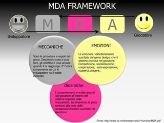 MDA FRAMEWORK

                      M                             D                         A                     Giocatore
Sviluppatore

                   MECCANICHE                                 EMOZIONI
                                                    Le emozioni, volontariamente
               Sono le procedure e regole del       suscitate dal game design, che il
               gioco. Descrivono cosa si può        sistema provoca nel giocatore:
               fare, gli obiettivi e cosa accade    Competizione, socializzazione,
               quando li si raggiunge. E’ l’unica   cooperazione, auto-espressione,
               componente su cui lo                 scoperta, piacere…
               sviluppatore ha il totale
               controllo.


                                         Dinamiche
                                 I comportamenti e scelte assunti
                                 dal giocatore all’interno del
                                 sistema regolato dalle
                                 meccaniche. Le dinamiche di
                                 gioco saranno alla base delle
                                 sensazioni/emozioni suscitate nel
                                 giocatore


                                                                     Fonte: http://www.cs.northwestern.edu/~hunicke/MDA.pdf
 