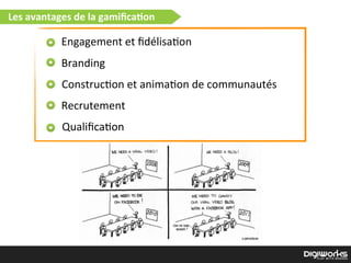 Les  avantages  de  la  gamiﬁca2on
Engagement  et  ﬁdélisa)on
Branding
Construc)on  et  anima)on  de  communautés
Recrutement
Qualiﬁca)on
 