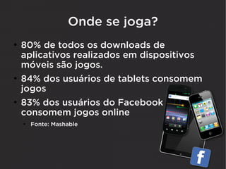 Onde se joga?
●
    80% de todos os downloads de
    aplicativos realizados em dispositivos
    móveis são jogos.
●
    84% dos usuários de tablets consomem
    jogos
●
    83% dos usuários do Facebook
    consomem jogos online
    ●
        Fonte: Mashable
 