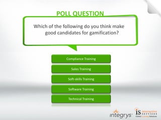Which of the following do you think make good candidates for gamification? 
Compliance Training 
Sales Training 
Soft-skills Training 
Software Training 
Technical Training  