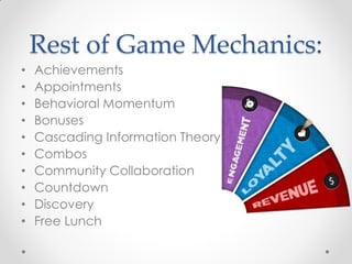 Rest of Game Mechanics:
•   Achievements
•   Appointments
•   Behavioral Momentum
•   Bonuses
•   Cascading Information Theory
•   Combos
•   Community Collaboration
•   Countdown
•   Discovery
•   Free Lunch
 