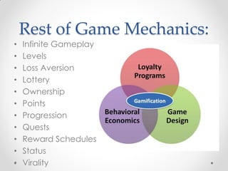 Rest of Game Mechanics:
•   Infinite Gameplay
•   Levels
•   Loss Aversion
•   Lottery
•   Ownership
•   Points
•   Progression
•   Quests
•   Reward Schedules
•   Status
•   Virality
 