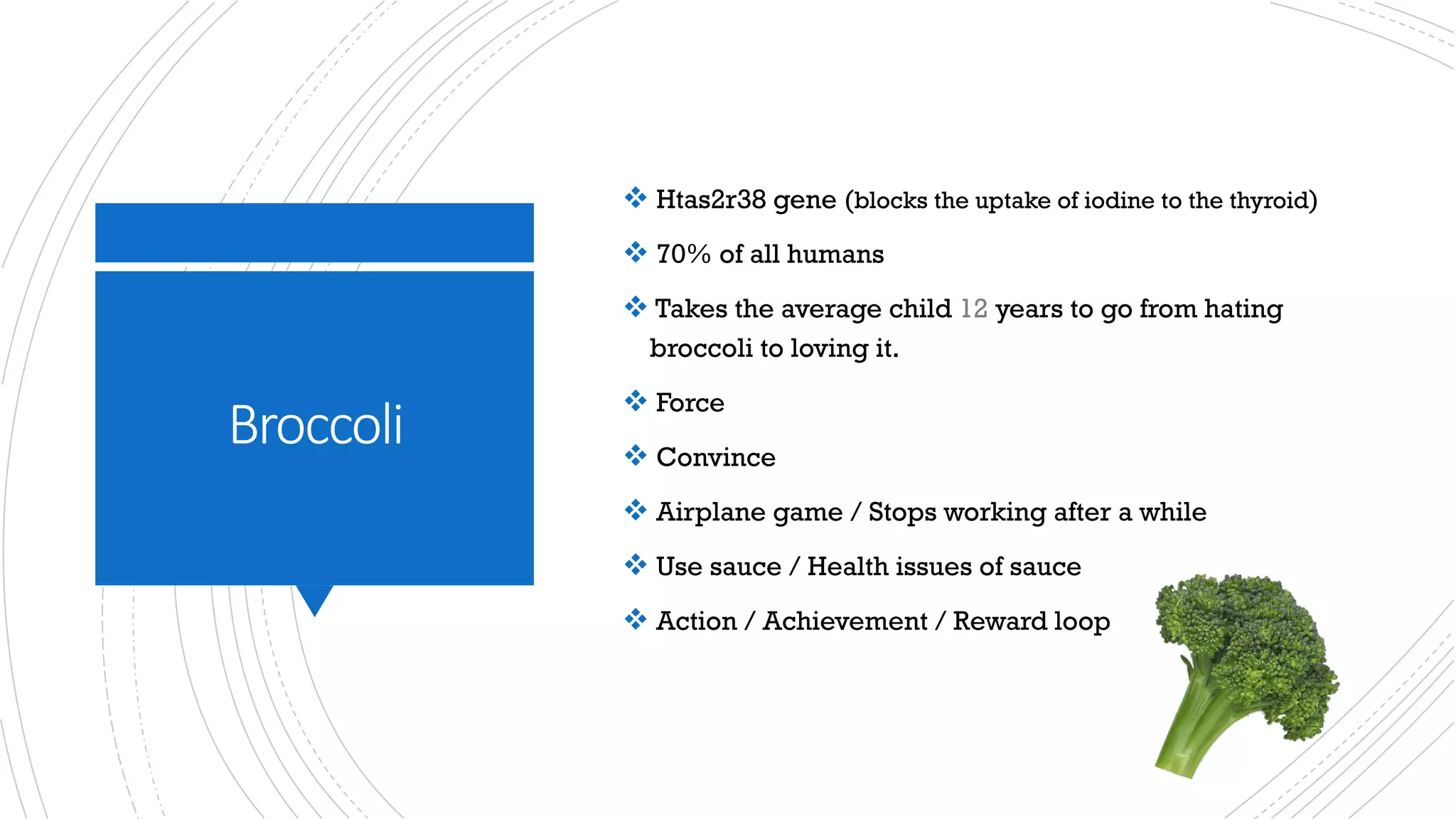 Broccoli
v Htas2r38 gene (blocks the uptake of iodine to the thyroid)
v 70% of all humans
v Takes the average child 12 years to go from hating
broccoli to loving it.
v Force
v Convince
v Airplane game / Stops working after a while
v Use sauce / Health issues of sauce
v Action / Achievement / Reward loop
 