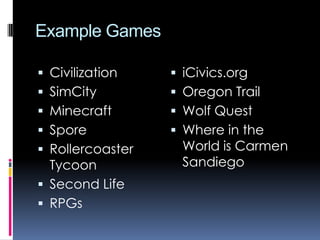 Edutainment

“Kids can smell that [stuff] a mile away.“
– Gabe Zichermann

Content presented in a game-like
format with actual games given
as a reward for completing a
level, e.g. Fast Math

 